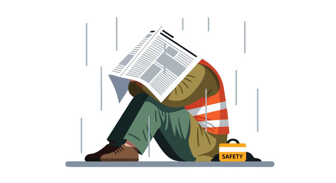 A construction worker sits on the ground, shielding head from rain with newspaper