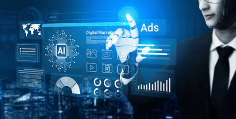 Fototapeta premium A modern businessman interacts with a virtual interface showcasing digital marketing tools and AI technology, emphasizing future advertising and data analysis in a sleek urban environment. Cyphers