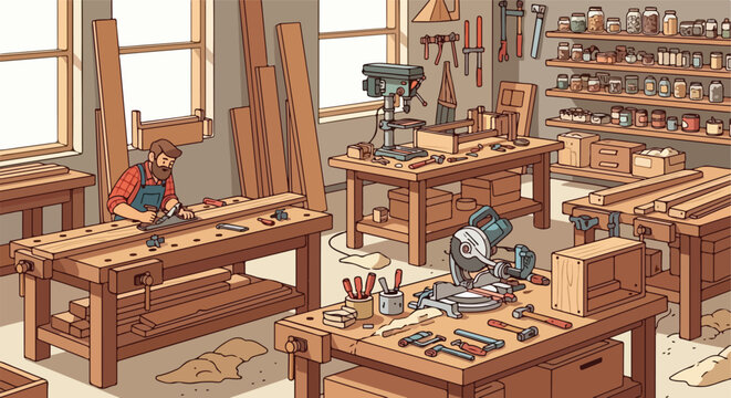 A carpenter with a beard uses a hand plane on lumber inside a busy workshop