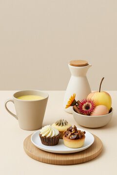 Still life arrangement of ceramic cup, pitcher, and baked goods on wooden board against an off-white background.