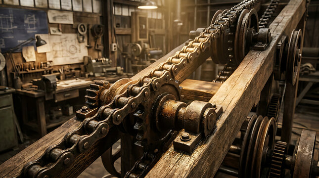 Close-up of a vintage roller coaster chain lift mechanism in a rustic workshop