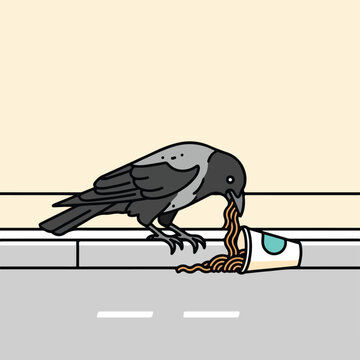 A cartoon crow eats noodles spilled from a tipped paper cup on a city sidewalk