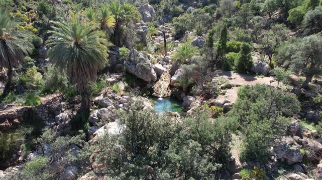 Aerial View of Imouzzer Ida Outanane Waterfalls and Rocky Mountain Landscape near Agadir, Morocco