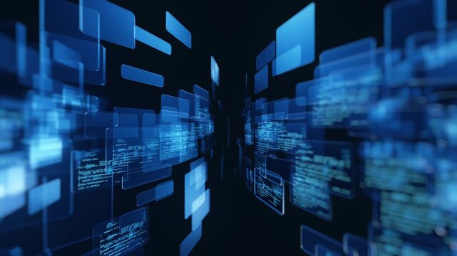 Looping video of blue transparent panels displaying code spinning and flying toward the camera through a dark tunnel corridor. Ideal for technology, programming, software, and cybersecurity video