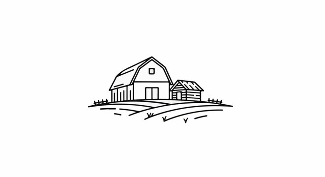 Rustic farm scene with barn and smaller outbuilding on rolling hills