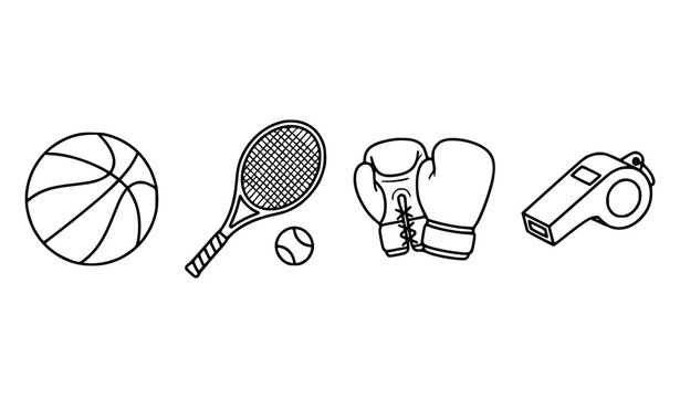 Minimalist sports equipment vector illustration set clean black and white outline of basketball tennis racket boxing gloves and whistle