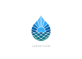 Ocean Sunrise Water drop Logo template. Modern Blue Water Drop Vector for Renewable Energy and Nature Resort Identity © Profdesigns