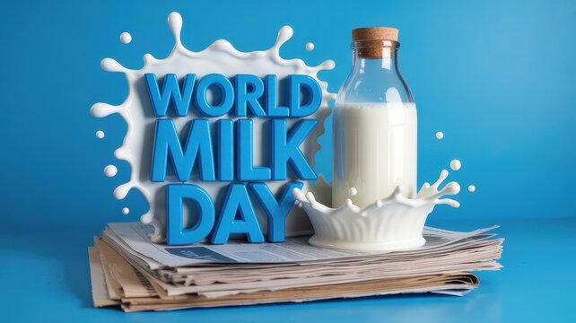3D rendered World Milk Day celebration banner with milk bottle and splash on a stack of newspapers