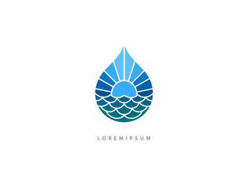 Ocean Sunrise Water drop Logo template. Modern Blue Water Drop Vector for Renewable Energy and Nature Resort Identity