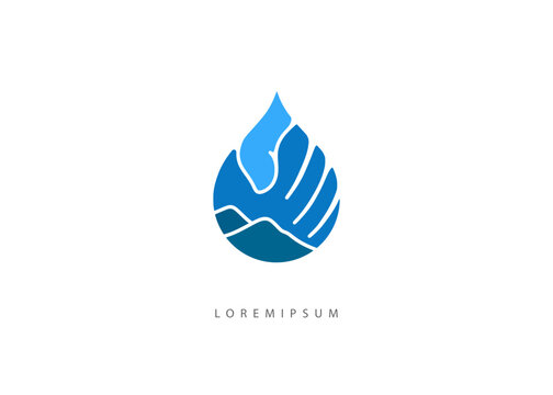 Mountain Hand Drop water logo template. Abstract Nature Protection and Pure Spring Droplet Vector for Charity and Environmental Branding