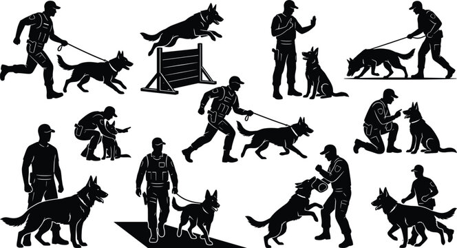 Professional K9 Dog Training Silhouette Set with Agility Jumping, Bite Work, Obedience Commands, and Tracking for Police Dog Schools, Protection Services, and Canine Sport Graphic Designs