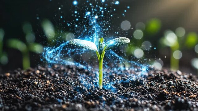 Small green seedling sprout emerging from dark fertile soil surrounded by magical glowing blue particles and light effects against a dark background with soft bokeh.