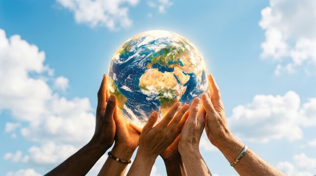 World environment day protecting our planet hands holding earth against blue sky