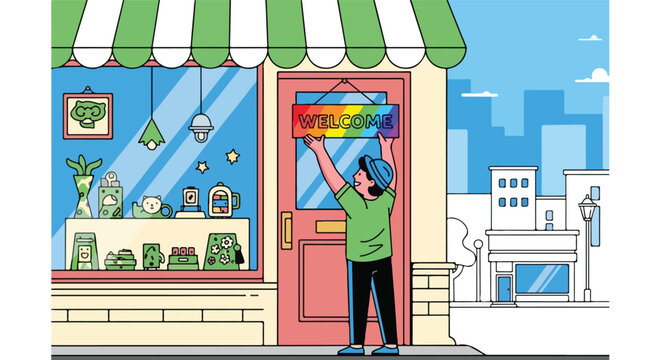 A person hangs a rainbow welcome sign on the door of a small boutique shop front