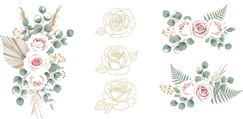 Elegant floral arrangements and rose line art set with eucalyptus leaves, botanical compositions in soft watercolor style for wedding invitation and decorative design © jafrine
