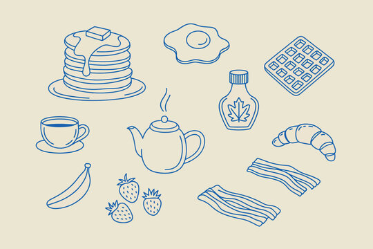 Set of breakfast food items including pancakes, waffles, bacon, and coffee outline sketch vector illustration