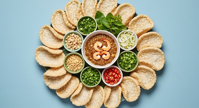 A vibrant thai meal featuring shrimp paste fresh herbs and crispy shrimp crackers