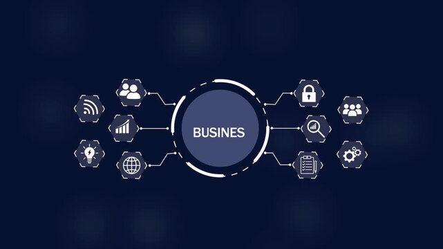 Central circular with the word BUSINES in white text surrounded by interconnected hexagonal representing businesson Black Background and features 4k Animation video