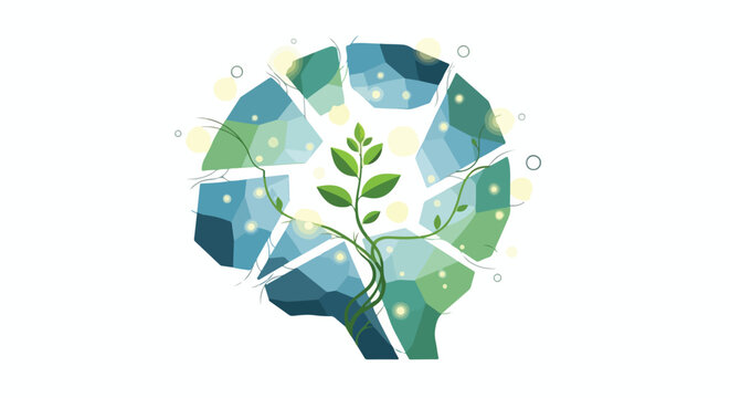 This vector illustration features a fragmented blue brain shape with a vibrant green plant growing from the center, symbolizing growth and renewal.