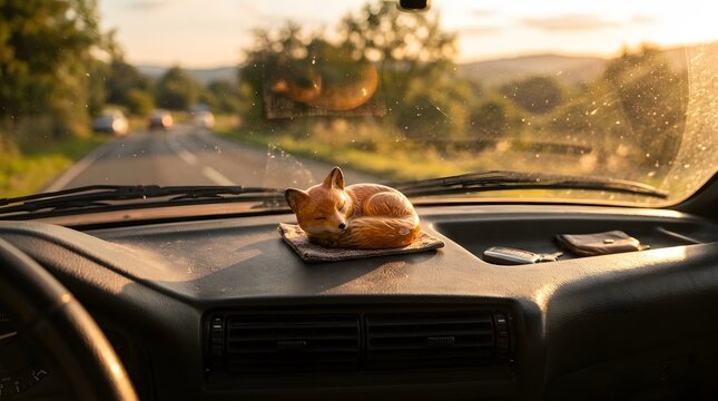 Cute sleeping fox figurine on car dashboard during golden hour sunset, driving on road with bokeh lights
