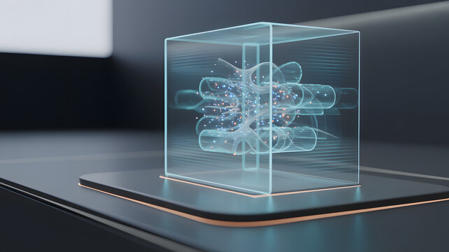 Futuristic Glass Cube with Artificial Intelligence Neural Network and Data Processing Concept