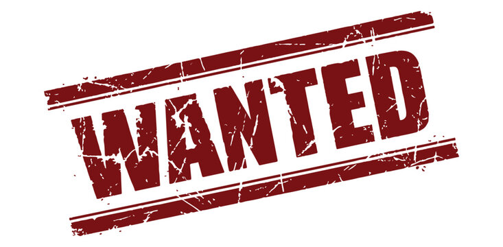 Red distressed wanted rubber stamp icon with grunge texture for western posters bounty hunting and criminal search