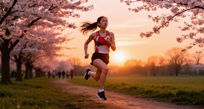sports girl runs cross-country at sunset in spring
