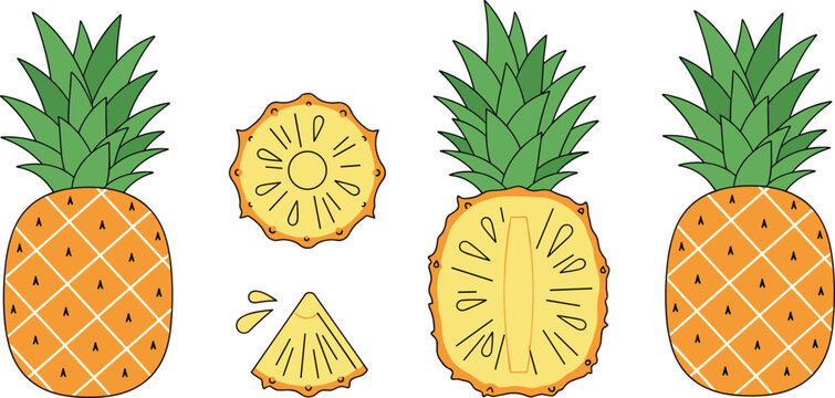 ollection of fresh pineapple fruit vectors featuring whole pineapples, half cut, round slices, and triangular wedges in a flat cartoon illustration style.