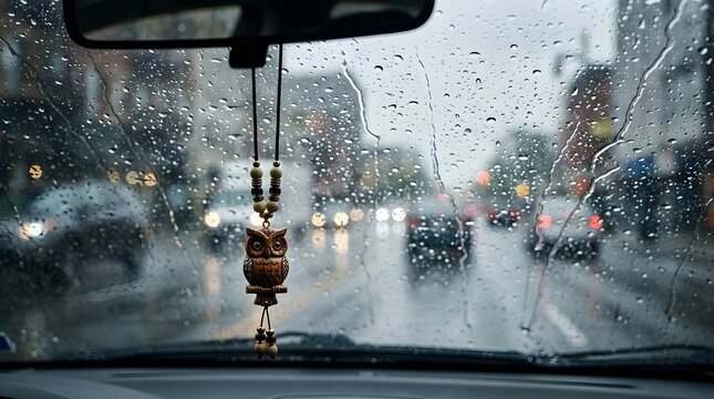 Car Interior View Through Rainy Windshield with Owl Charm Hanging