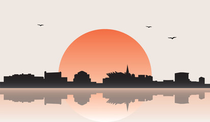 Obraz premium Minimalist contemporary Japanese-style drawing of a half sun skyline with water reflection poster panorama of BREMEN, GERMANY