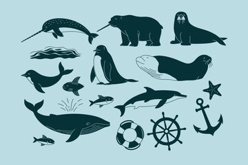 Set of marine animals and nautical elements outline sketch vector illustration © Business Technology