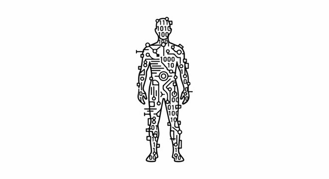 Silhouette of a person made of digital circuits and binary code