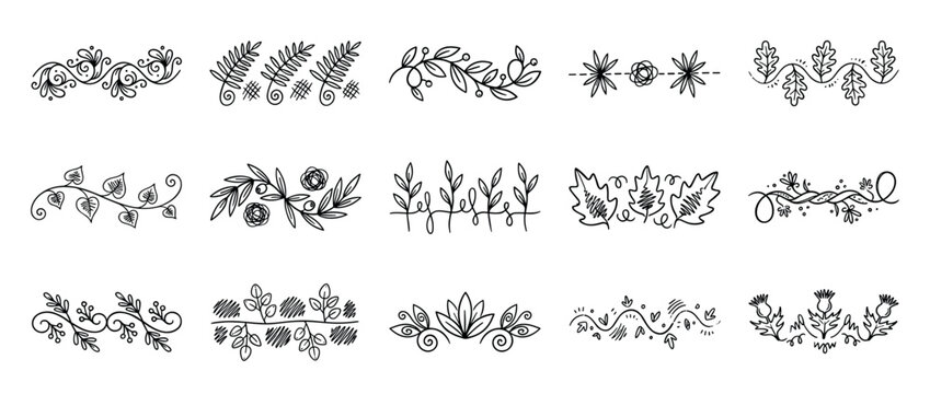 Collection of hand drawn floral dividers and botanical borders in a black line art doodle style, featuring various leaves, branches, flowers, and swirls for elegant page decoration