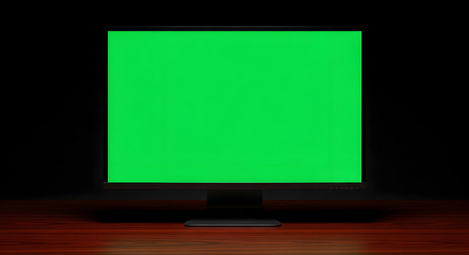 A blank green screen on a modern computer monitor set on a wooden table in a dark room