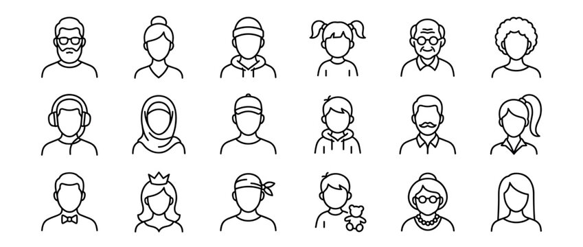 Diverse set of people avatar icons in a simple line art style showing different ages, genders, and cultures for user profiles and graphic design elements