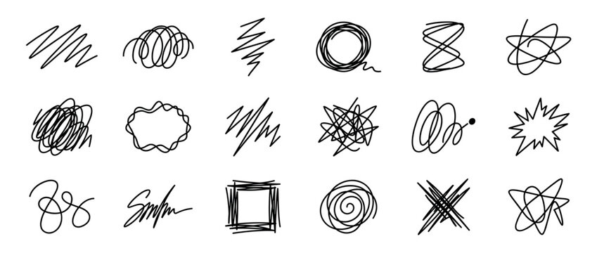 Collection of hand drawn black scribbles and doodles in various chaotic shapes, including tangles, circles, and abstract lines representing confusion, mess, and creativity