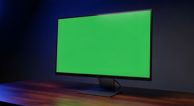 Contemporary computer monitor showcasing a vibrant green screen, positioned on a sleek wooden desk, ideal for digital content insertion and chroma key video compositing