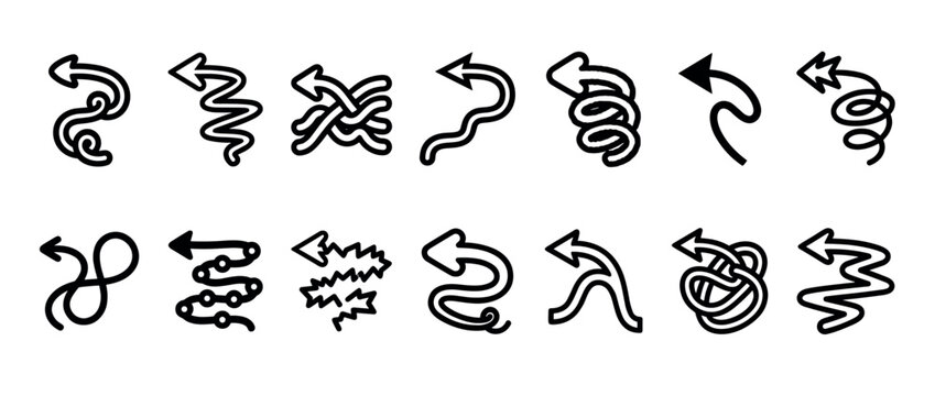Collection of black hand-drawn arrows in various complex and whimsical shapes, including zigzag, curly, and tangled lines, illustrating different creative paths and directions in a doodle style