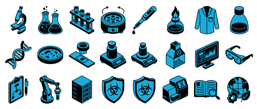 Collection of blue and black science and laboratory icons in a bold isometric style, featuring a microscope, DNA helix, test tubes, flasks, and other research equipment