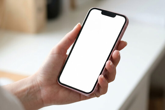 Modern smartphone mockup with blank white screen held by hand. Minimalist mobile phone template for UI UX design presentation.