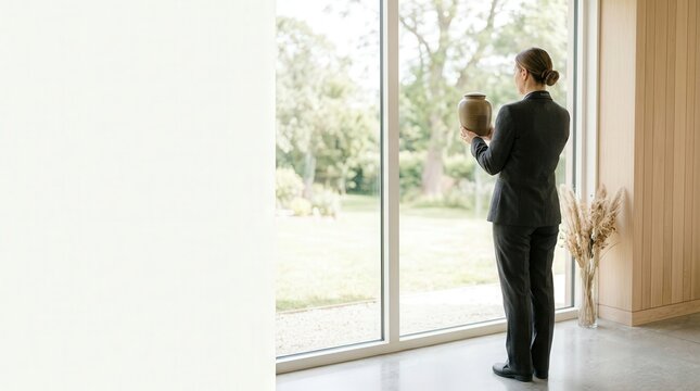 Individual holding cremation urn while looking out large windows in light-filled room with greenery visible outside. This scene captures a solemn moment reflecting on loss and remembrance,