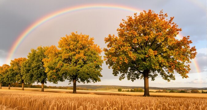 Maple Trees in Grain Field with Double Rainbow in Spring, Bad Mergentheim, Baden-Wurttemberg, Germany
