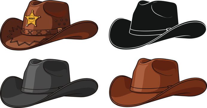 Western cowboy hat collection featuring brown leather stetson, sheriff badge hat, black felt headwear, and minimalist silhouette icons for rodeo and country lifestyle designs.