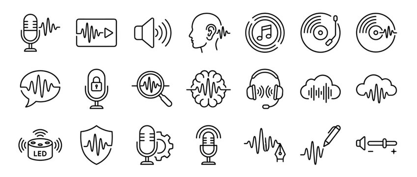 Voice recognition and audio technology icon set in a simple thin line art style, including microphone, soundwave, speaker, podcast, music, and smart assistant symbols for user interface