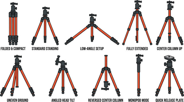 Camera Tripod Positions and Setup Variations Vector Set Including Folded Compact Standard Standing Low Angle Fully Extended and Monopod Modes Isolated on White