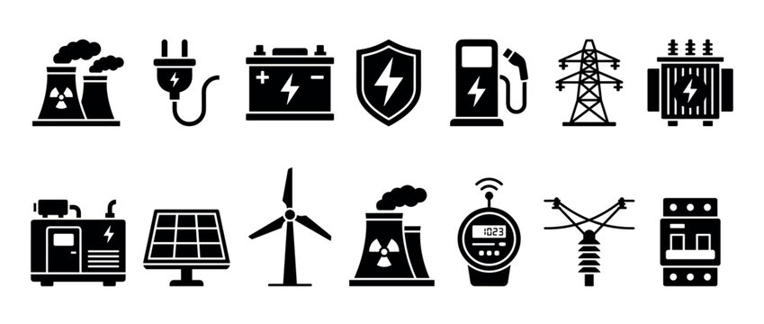 Set of black silhouette icons related to energy, power, and electricity, featuring a nuclear plant, solar panel, wind turbine, battery, and electric plug symbols