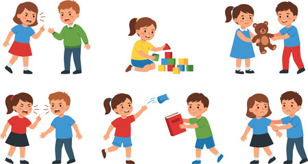 Fototapeta premium Children's Behavior and Emotions - Play, Anger, Sharing, and Playtime Moments for Kids Interaction Illustration