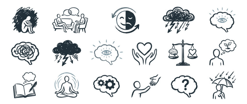 Collection of hand-drawn mental health icons illustrating concepts such as depression, therapy, anxiety, and mindfulness with expressive, doodle-style symbols for psychological well-being