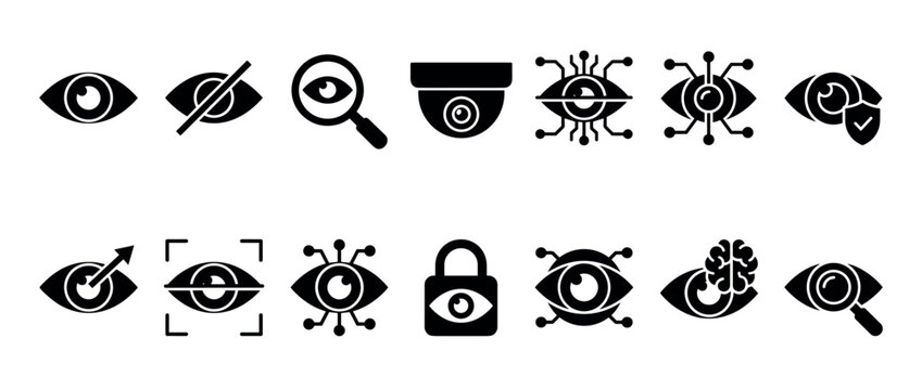 Collection of black glyph icons representing vision, surveillance, security, and technology concepts like CCTV, bionic eyes, and biometric scanning in a minimalist vector style