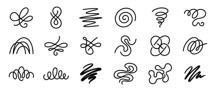 Collection of black hand drawn abstract line art elements featuring various swirls, squiggles, spirals, and calligraphic flourishes in a minimalist graphic design style for decoration
